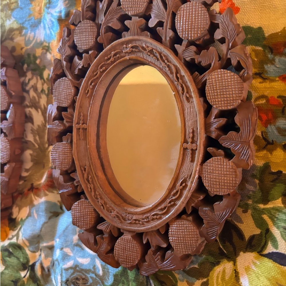 Two Vintage 70’s Floral Carved Hanging Mirrors ~ Retro Bohemian - Picture 2 of 5
